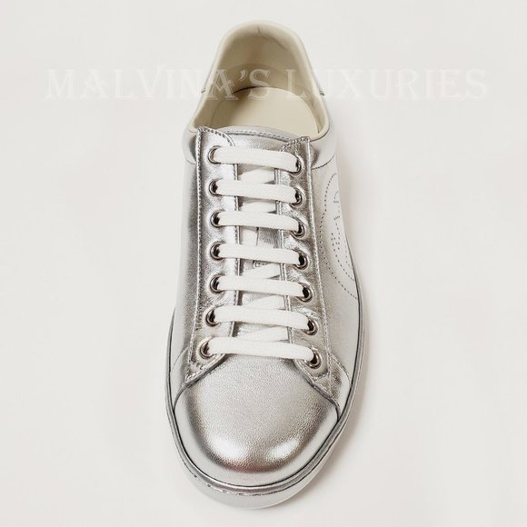 GUCCI SNEAKERS NEW ACE SILVER LEATHER INTERLOCKING G LOGO SHOES 7.5G 8 US - Picture 6 of 14